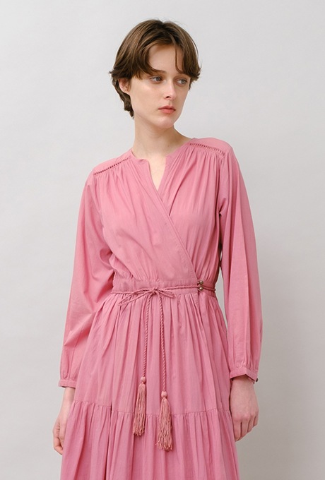 Cotton Gather Tiered Wrap Long Dress