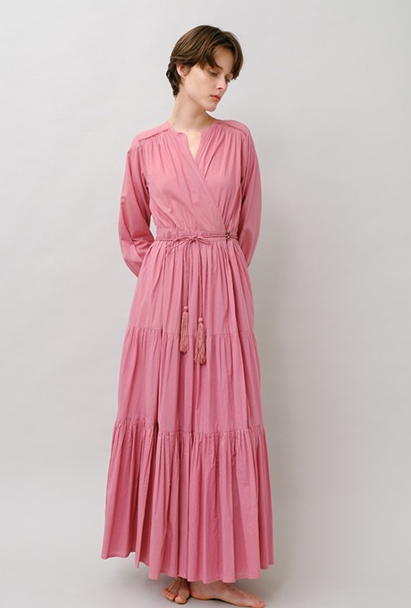 Cotton Gather Tiered Wrap Long Dress