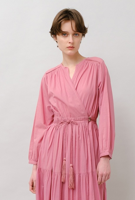 Cotton Gather Tiered Wrap Long Dress
