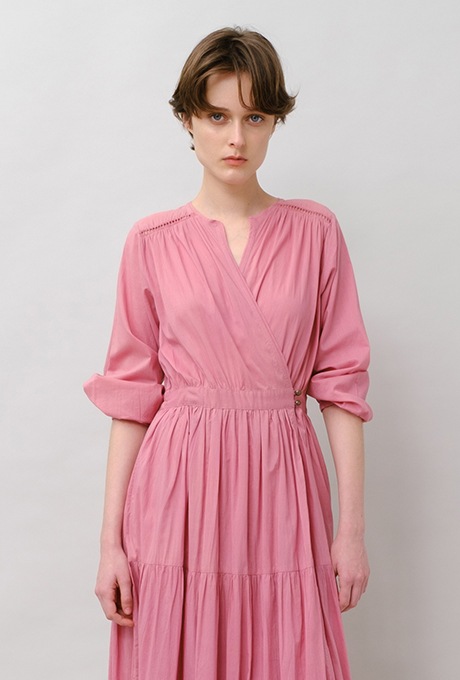 Cotton Gather Tiered Wrap Long Dress