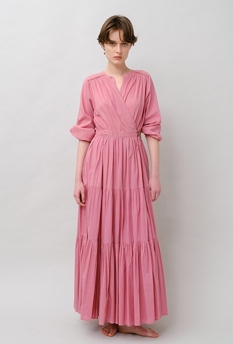 Cotton Gather Tiered Wrap Long Dress