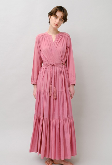Cotton Gather Tiered Wrap Long Dress