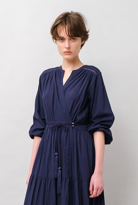 Cotton Gather Tiered Wrap Long Dress