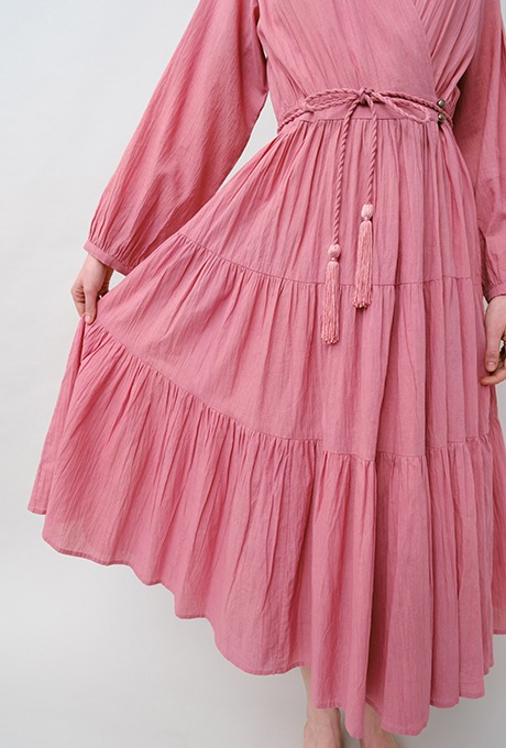 Cotton Gather Tiered Wrap Middle Dress