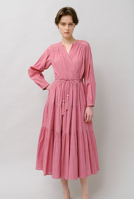 Cotton Gather Tiered Wrap Middle Dress