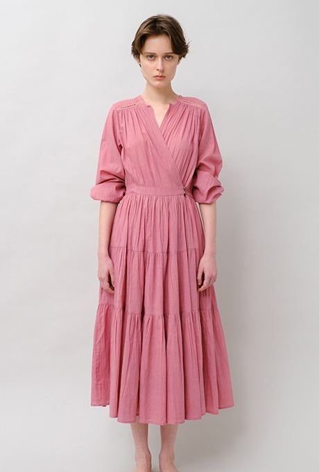 Cotton Gather Tiered Wrap Middle Dress