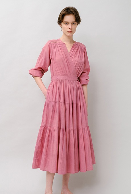 Cotton Gather Tiered Wrap Middle Dress