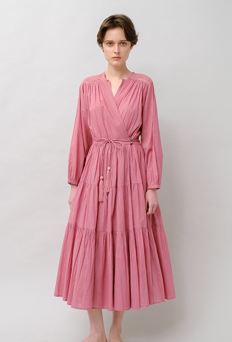 Cotton Gather Tiered Wrap Middle Dress