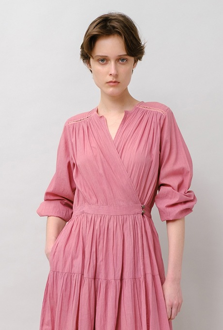 Cotton Gather Tiered Wrap Middle Dress