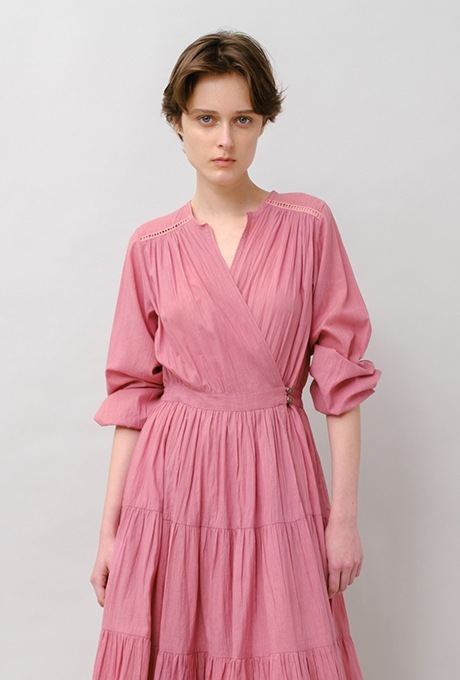 Cotton Gather Tiered Wrap Middle Dress