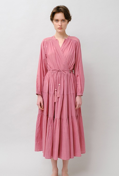 Cotton Gather Tiered Wrap Middle Dress