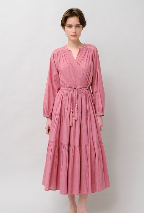 Cotton Gather Tiered Wrap Middle Dress
