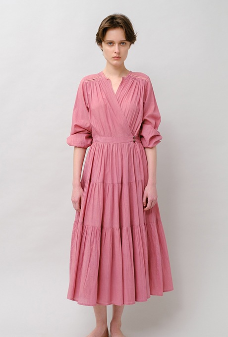 Cotton Gather Tiered Wrap Middle Dress