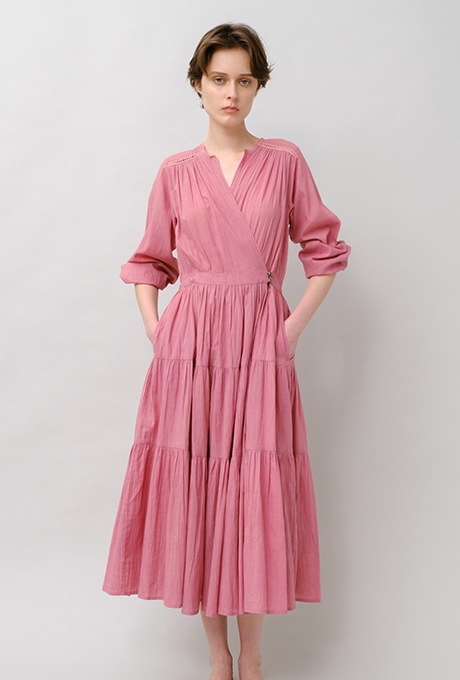 Cotton Gather Tiered Wrap Middle Dress