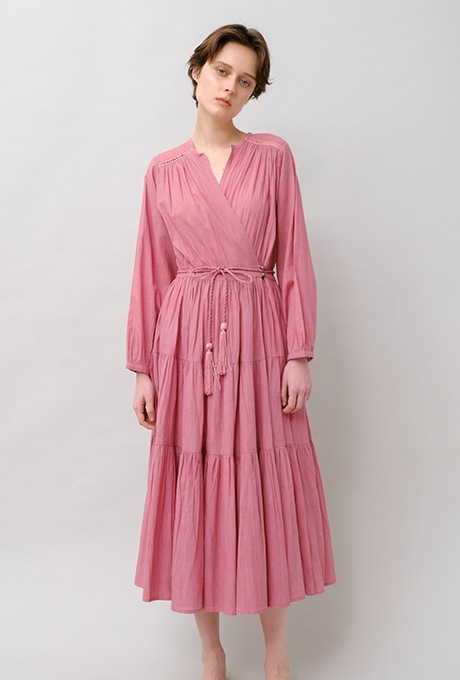 Cotton Gather Tiered Wrap Middle Dress