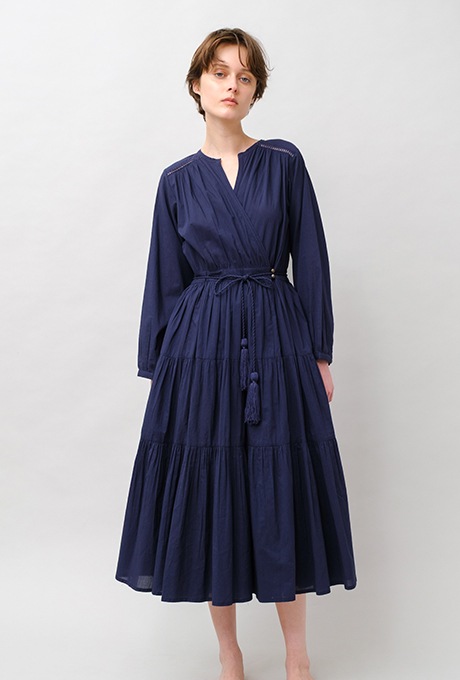 Cotton Gather Tiered Wrap Middle Dress