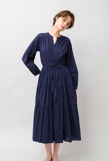 Cotton Gather Tiered Wrap Middle Dress