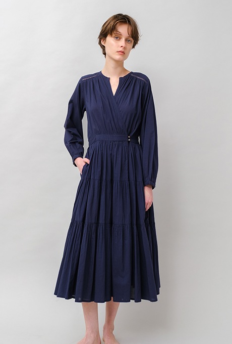 Cotton Gather Tiered Wrap Middle Dress