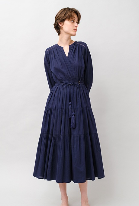Cotton Gather Tiered Wrap Middle Dress