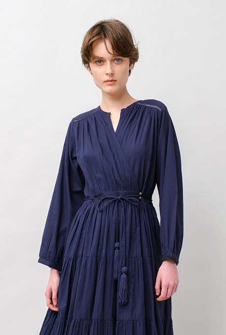 Cotton Gather Tiered Wrap Middle Dress
