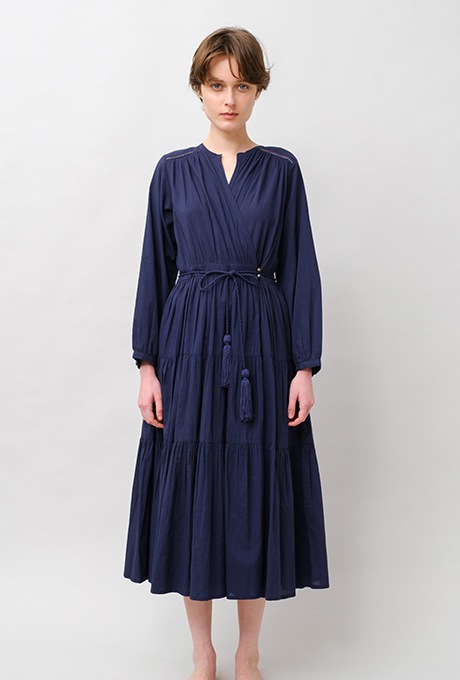 Cotton Gather Tiered Wrap Middle Dress