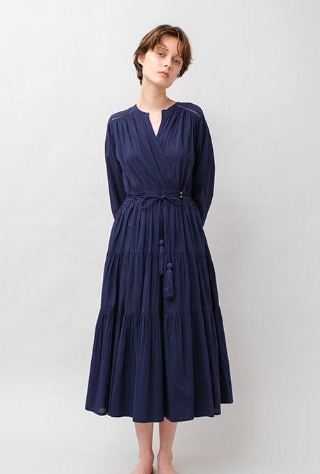 Cotton Gather Tiered Wrap Middle Dress