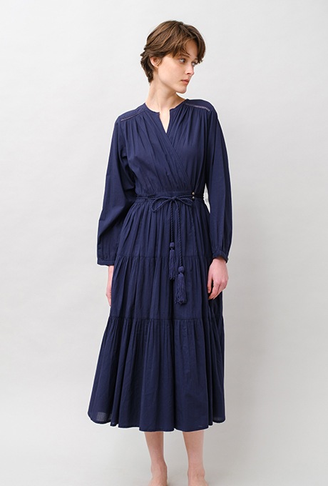 Cotton Gather Tiered Wrap Middle Dress