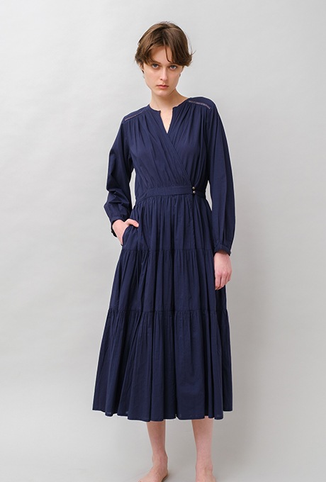 Cotton Gather Tiered Wrap Middle Dress