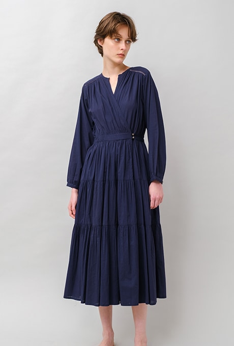 Cotton Gather Tiered Wrap Middle Dress