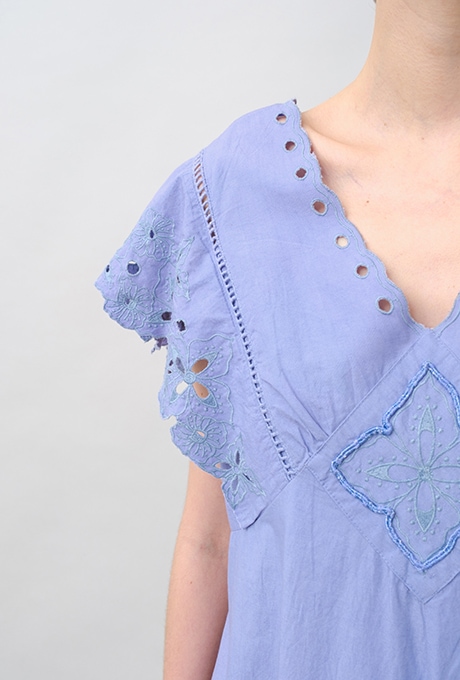Cut Work Embroidery Cotton Poplin Flare Middle Dress