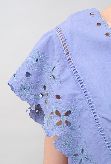 Cut Work Embroidery Cotton Poplin Flare Middle Dress