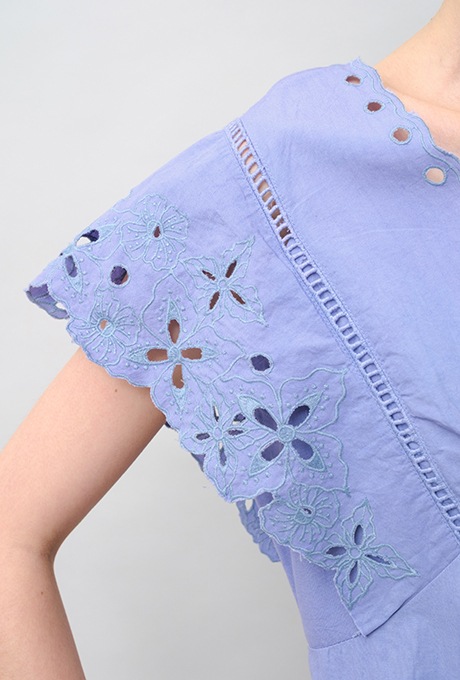 Cut Work Embroidery Cotton Poplin Flare Middle Dress
