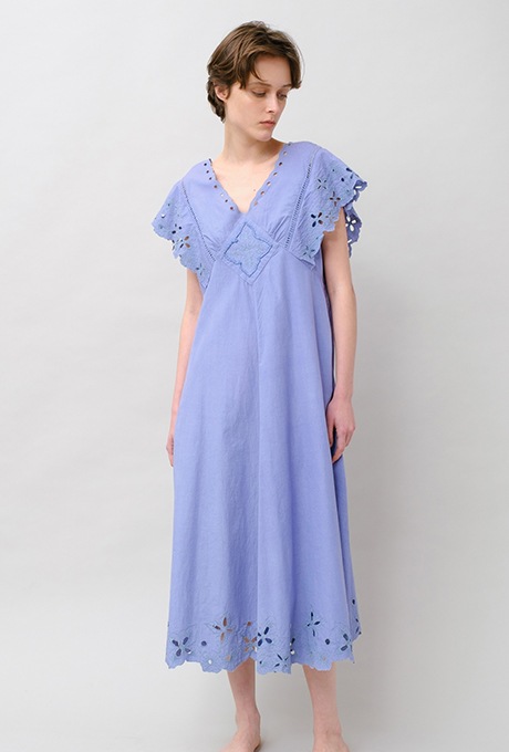 Cut Work Embroidery Cotton Poplin Flare Middle Dress