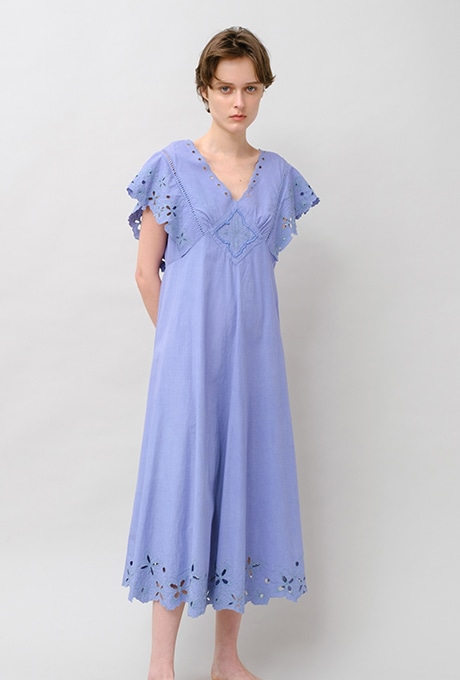 Cut Work Embroidery Cotton Poplin Flare Middle Dress