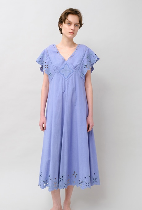 Cut Work Embroidery Cotton Poplin Flare Middle Dress