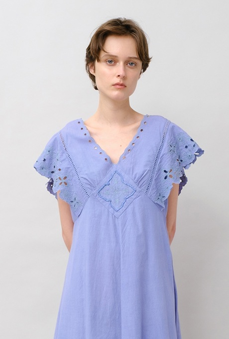 Cut Work Embroidery Cotton Poplin Flare Middle Dress