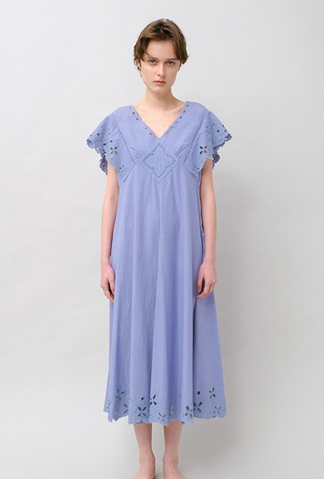 Cut Work Embroidery Cotton Poplin Flare Middle Dress