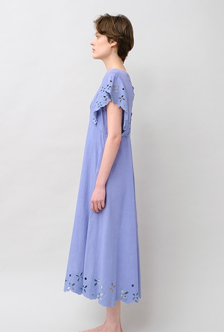 Cut Work Embroidery Cotton Poplin Flare Middle Dress