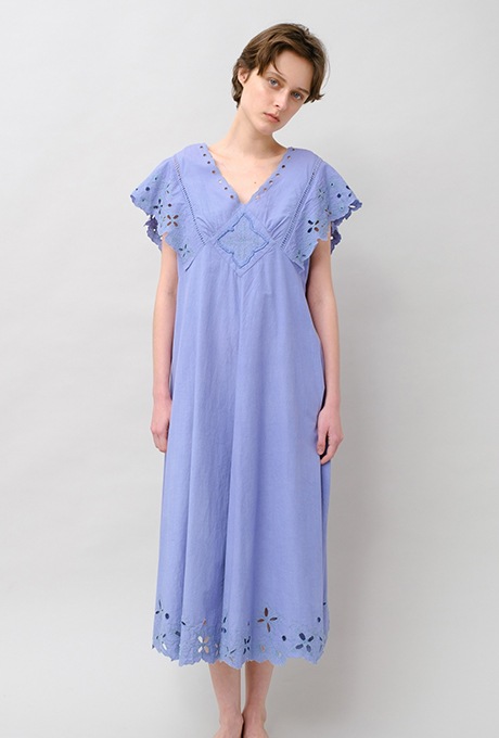 Cut Work Embroidery Cotton Poplin Flare Middle Dress