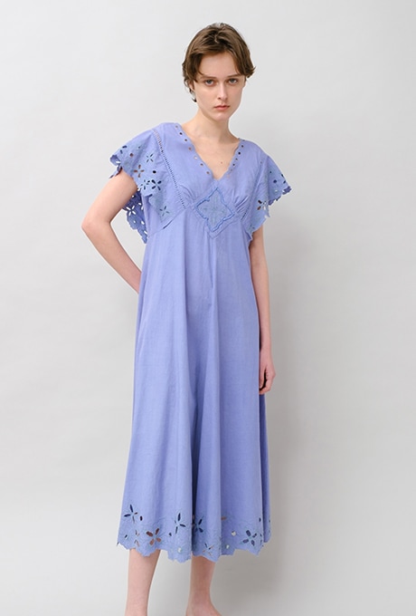Cut Work Embroidery Cotton Poplin Flare Middle Dress