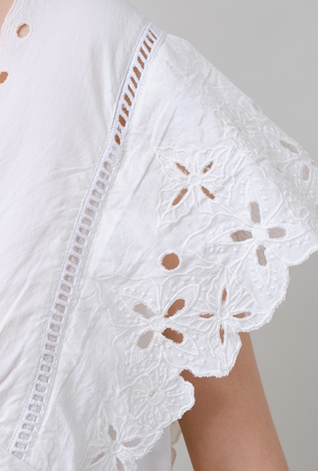 Cut Work Embroidery Cotton Poplin Flare Middle Dress