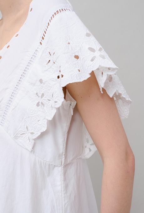 Cut Work Embroidery Cotton Poplin Flare Middle Dress
