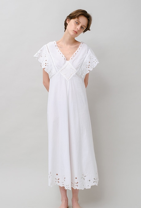 Cut Work Embroidery Cotton Poplin Flare Middle Dress