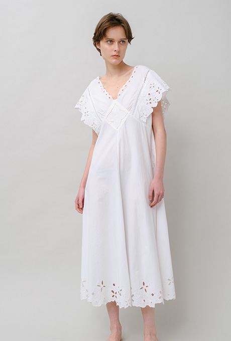 Cut Work Embroidery Cotton Poplin Flare Middle Dress