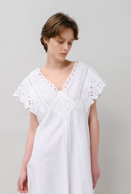 Cut Work Embroidery Cotton Poplin Flare Middle Dress