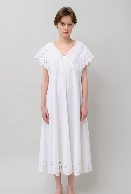 Cut Work Embroidery Cotton Poplin Flare Middle Dress