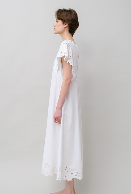 Cut Work Embroidery Cotton Poplin Flare Middle Dress