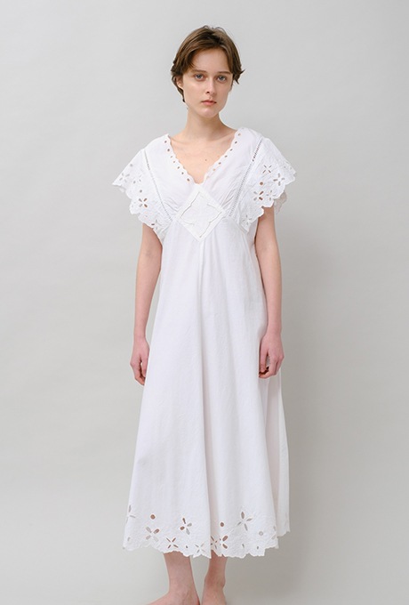 Cut Work Embroidery Cotton Poplin Flare Middle Dress