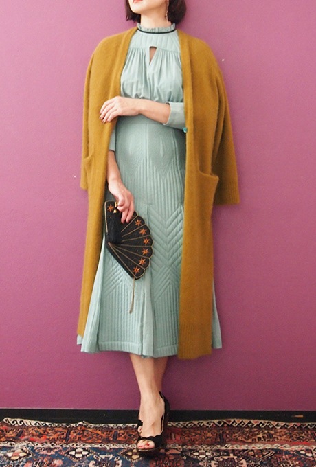 Wool Long Knit Gown Velvet Button