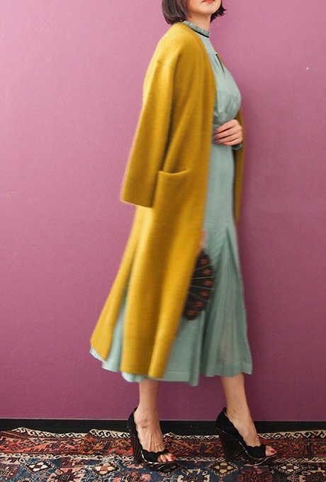 Wool Long Knit Gown Velvet Button